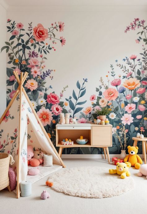 Boho Playroom Ideas Wildflower Girls Room, Boho Playroom Ideas, Playroom Wall Mural, Cozy Playroom, Wildflower Mural, Pastel Playroom, Boho Playroom, Rainbow Mural, Girls Room Colors