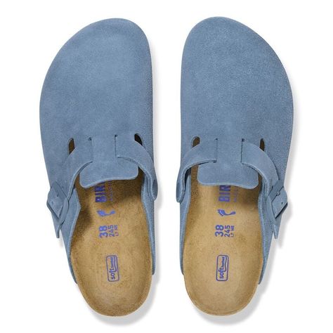 Boston Soft Footbed Suede Leather Birkenstock Boston Suede, Birkenstock Boston Soft Footbed, Elemental Blue, Boston Soft Footbed, Fuzzy Heels, Womens Casual Boots, Over The Calf Socks, Mens Boots Casual, Waterproof Winter Boots