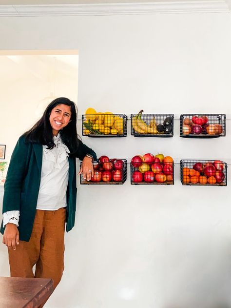 Our Hanging Kitchen Fruit Baskets Fruit Storage Ideas Counter Space, Fruit Basket Ideas Kitchen, Fruit Storage Ideas, Baking Space, Fruit Basket Ideas, Basket On Wall, Hanging Fruit Basket, Big Bamboo, Bamboo Bowl