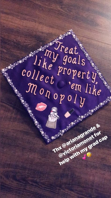 Graduation Cap with Ariana Grande Monopoly lyrics Valedictorian Graduation Cap, Graduation Cap Designs Ariana Grande, Ariana Grande Graduation Cap, Ariana Grande Monopoly, Senior Caps, Unique Graduation Invitations, Cap Quotes, Grad Cap Ideas, Grad Hats