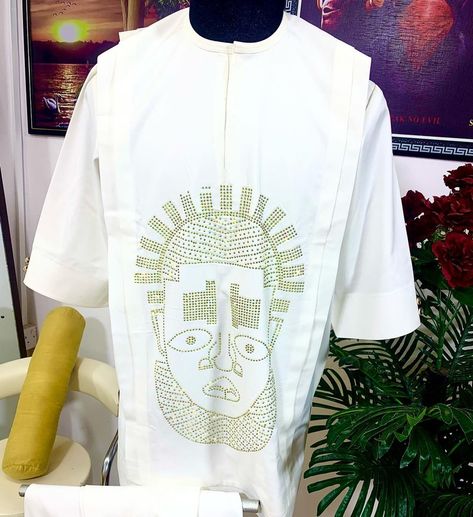 A benin head sculpture stoned kaftan   care: dry clean only! White Clothes Men, Mens Traditional Wear, White Range, Head Sculpture, White Clothes, Clothes Men, Traditional Wear, Dry Clean Only, White Outfits