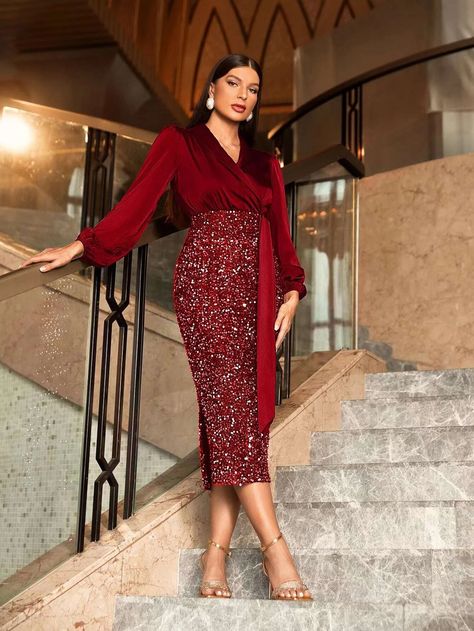 SHEIN Modely Shawl Collar Lantern Sleeve Knot Side Contrast Sequin Dress | SHEIN EUR Brown Strapless Dress, Leg Of Mutton Sleeve, Split Hem Dress, Business Formal Dress, Asymmetrical Hem Dress, Formal Dresses Gowns, Winter Mode, Solid Color Dress, Bustier Dress