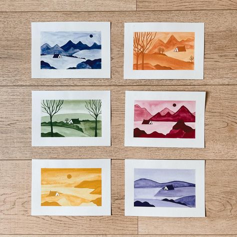 Because 1 drawing challenge isn’t enough… this week I participated in @oficinacaracolinho’s Colour week! 💙💚💛🧡❤️💜 I decided to do the challenge as a series of these little landscape scenes using only one watercolour mix for each day I had a lot of fun all week and learnt lots about colour mixing and getting the water<>paint balance how I wanted it to be I will admit I struggled to mix an orange for a good 10 minutes 🧡👀 Which one is your favorite? - #colourweekchallenge #watercolour #art... Watercolour For Kids, Monotone Painting, Landscape Art Lessons, Watercolour Challenge, Watercolor Painting For Beginners, Beginners Painting, Water Paint, Cut Out Art, Colour Mixing