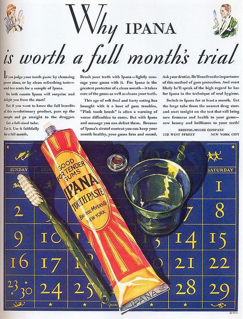 Ipana Toothpaste ad, 1928 by Gatochy, via Flickr Vintage Toothpaste, Porcelain Crowns, Homemade Mouthwash, Dental Fun, Ginger Smoothie, The 20s, Retro Ads, Commercial Art, Old Ads