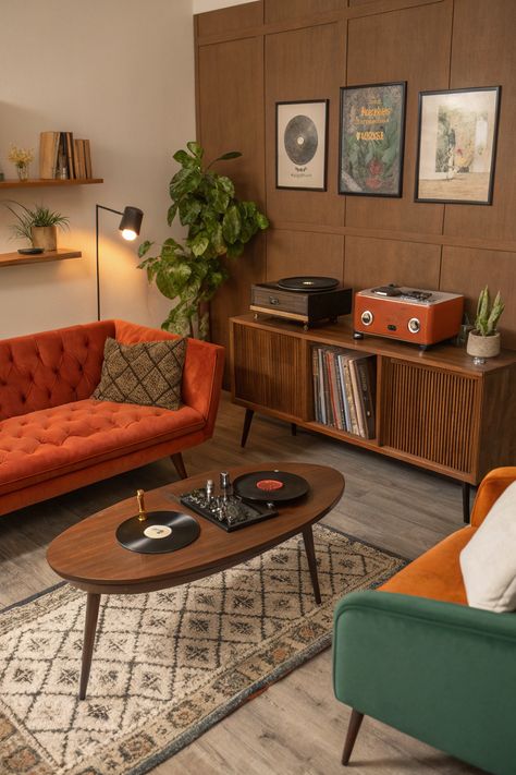 Country Mid Century Modern, Living Room Mid Century Modern Cozy, Pop Culture Apartment, Vintage Mid Century Living Room, Mid Century Bauhaus, Mid Mod Basement, 70s Mid Century Modern Living Room, Mcm Couch Living Room, Mad Men Living Room