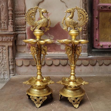 Diya Exquisite Peace of Artistic Brass Oil Lamp Traditionally - Etsy India Diya Lamp, Flower Decorations Diy, Flower Stencil, Pooja Rooms, Indian Home, Indian Home Decor, Brass Decor, Brass Metal, Oil Lamps