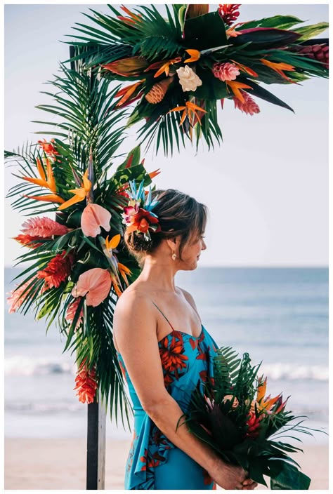 Tropical Wedding in Tamarindo Costa Rica || Elana + Eric: Tropical Wedding Philippines, Bird Of Paradise Wedding Decor, Costa Rica Wedding Flowers, Tropical Wedding Party Attire, Birds Of Paradise Flower Arrangement, Tropical Wedding Backdrop, Birds Of Paradise Wedding, Tropical Wedding Party, Brown Samba