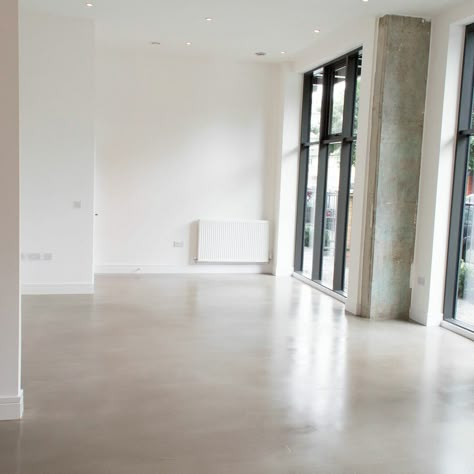 Polished concrete flooring domestic project in London Concrete Floors Bedroom, Burnished Concrete, White Concrete Floors, Concrete Floors Living Room, Concrete Floors In House, Polished Cement, Stained Floors, Polished Concrete Floors, Concrete Stain