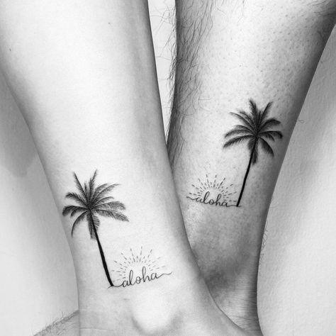 101 Best Aloha Tattoo Ideas That Will Blow Your Mind! - Outsons Couples Palm Tree Tattoo, Tattoo Ideas Female Hawaiian, Live Aloha Tattoo, Hawaiian Couple Tattoos, Hawaii Theme Tattoo, Couple Tattoos Beach, Minimalist Hawaiian Tattoo, Mahalo Tattoos, Aloha Tattoo Ideas Hawaii