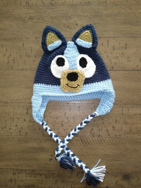 Crochet Bluey Hat Pattern, Crochet Blue Dog Hat Free Pattern, Blue Crochet Hat Pattern Free, Bluey Hat Crochet Pattern, Bluey Hat Crochet, Crochet Kids Character Hats, Blue Crochet Hat Pattern, Blue Hat Crochet, Crochet Halloween Costume Toddler