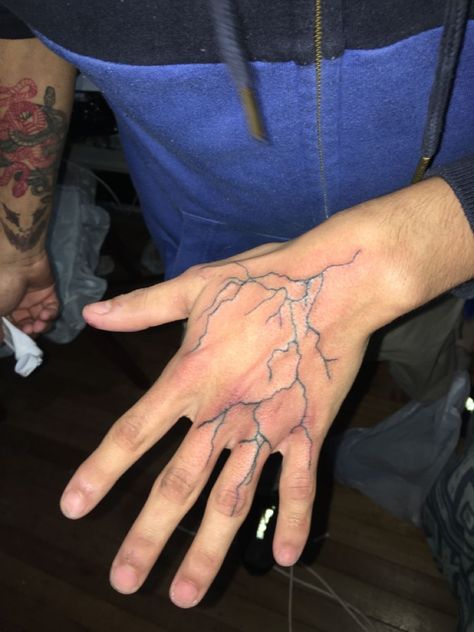 Lightning Knee Tattoo, Lightning Bolt Tattoo On Hand, Finger Lightning Tattoo, Lightning Tattoo On Hand, Hand Lightning Tattoo, Lightning Hand Tattoo, Blitz Tattoo, Word Tattoo Ideas, Simple Hand Tattoos