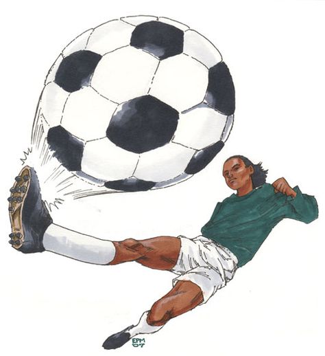 For reasons I cannot fathom, this image of a soccer player kicking a ball is the mostly highly favored of my art on the deviantArt website. Considering that I drew the ball "wrong" and the distorted foreshortening is wonky, it remains very popular. Go figure! Dynamic Soccer Poses, Kicking Soccer Ball Pose, Throwing Ball Pose Reference Drawing, Soccer Kick Pose, Kicking Ball Pose Reference, Kicking A Ball Drawing, Soccer Drawing Reference, Foreshortened Poses, Foreshortening Art