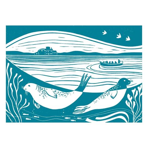 Summer Seals 🦭 . Here is the full design! I've only done test prints of this so far, I hope to print and release some soon! I find so much joy in creating these illustrative lino prints 🤩 . #art #linoprint #printdesign #seal #Blakeney #Blakeneypoint #artwork #design #Norfolk #norfolkcoast #blakeneyseals #lifeboatstation #nautical #coastal Seals Illustration, Seal Linocut, Seal Lino Print, Screenprint Illustration, Lino Fish Prints, Nautical Linocut, Seal Illustration, Whale Linocut Print, Nautical Illustration