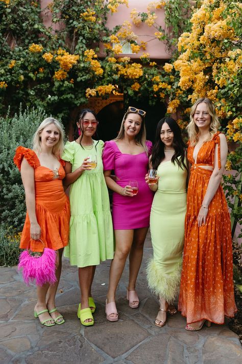 Neon Dress Outfit, Neon Party Dresses, Neon Pink Prom Dress, Festive Wedding Attire, Embroidered Floral Wedding Dress, Cocktail Dress Code, Neon Prom Dresses, Outfit Ideas For Party, Formal Wedding Attire