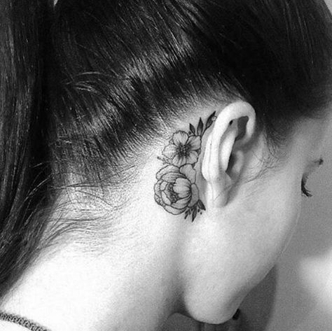 Blackwork Floral Behind The Ear Tattoo by Kristina Darmaeva Back Ear Tattoo, Pretty Flower Tattoos, Behind Ear Tattoos, Hawaiian Tattoo, Tattoo Cover-up, Cover Up Tattoos, Mom Tattoos, The Ear, Little Tattoos