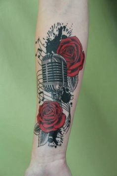 Arm Microphone Flower Realistic Tattoo by Skin Deep Art Mic Tattoo, Rockabilly Tattoos, Microphone Tattoo, Music Tattoo Sleeves, Rockabilly Tattoo, Music Notes Tattoo, Tattoo Music, Guitar Tattoo, Music Tattoo Designs