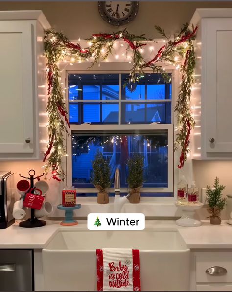 Christmas Decor Ideas Big Window, Tension Rod Christmas Garland Kitchen Window, Christmas Decor Ideas For Bay Window, Kitchen Window Garland Christmas, Bay Window Holiday Decor, Christmas Window Ledge Decor, Garland Kitchen Window, Hanging Ornaments In Windows, Garland Around Kitchen Window