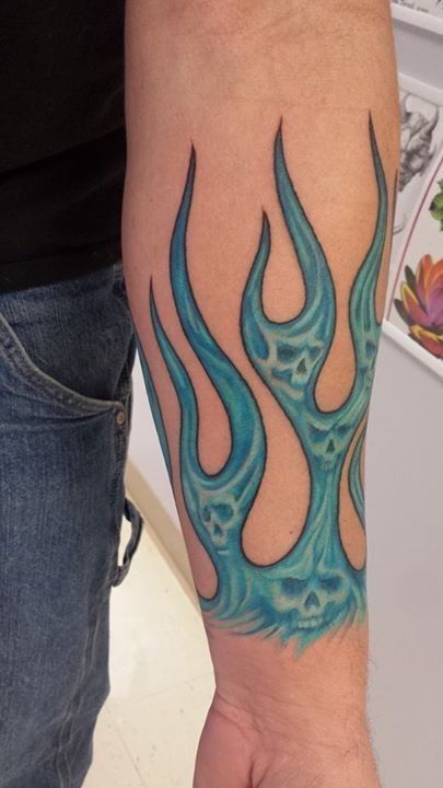 Blue Flame Tattoo, Skulls Tattoo, Harley Tattoos, Evil Skull Tattoo, Skull Hand Tattoo, Maori Tattoos, Skull Sleeve Tattoos, Skull Sleeve, Biker Tattoos