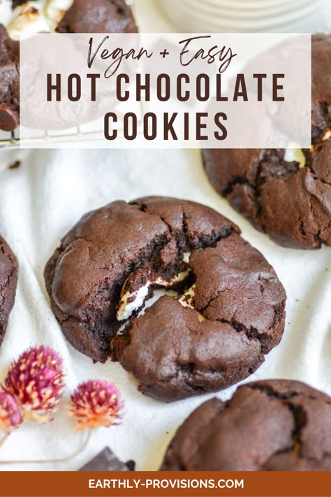 These Vegan Hot Chocolate Cookies are super fudgy double chocolate cookies that are stuffed with marshmallows! These easy vegan cookies are the ultimate crowd pleaser. Vegan Stuffed Cookies, Vegan Hot Chocolate Cookies, Vegan Smores Cookies, Gluten Free Vegan Chocolate Cookies, Large Vegan Cookies, Vegan Chocolate Marshmallow Cookies, Cookies Dark Chocolate, Vegan Hot Cocoa, Healthy Vegan Cookies