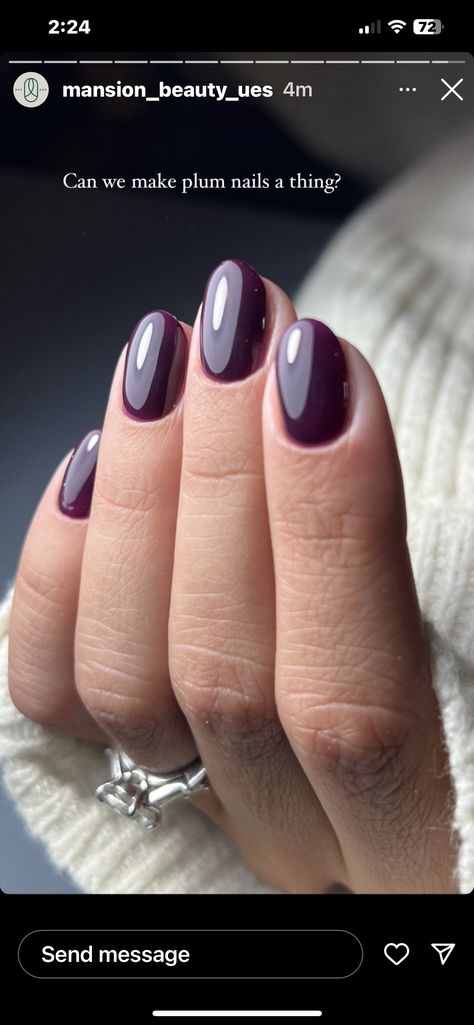 Plum Nails Short, Fall Nails Dark Purple, Short Dark Almond Nails, Deep Purple Fall Nails, Plum Almond Nails, Eggplant Purple Nails, Dark Purple Short Nails, Eggplant Nail Color, Short Natural Almond Nails