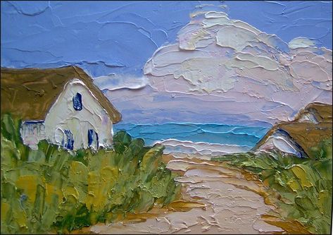 Cottage By The Sea Painting, Seaside Cottage Painting, Lynne French Paintings, Daisy Paintings, Sicily Art, Seaside Cottages, Seaside Paintings, Cottage Painting, Plein Air Landscape