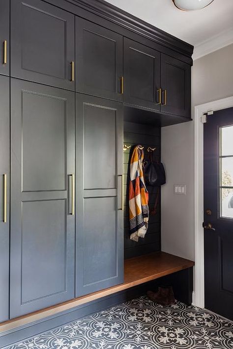 Black Shaker Mudroom Cabinets with Brass Pulls - Transitional - Laundry Room Transitional Laundry Room, Mudroom Bench Ideas, Mudroom Cabinets, Laundry Room/mud Room, Mudroom Lockers, Mudroom Entryway, Mudroom Decor, Mudroom Laundry Room, Mud Room Storage