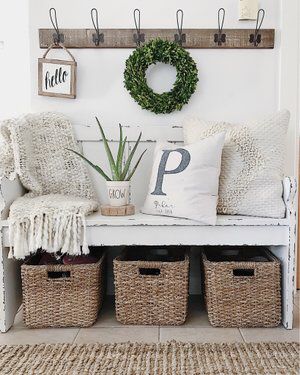 Spring Summer Home Decor, Pew Bench, Farmhouse Style Lighting, Shabby Chic Design, Target Home Decor, Boxwood Wreath, Summer Home, Summer Home Decor, Household Furniture