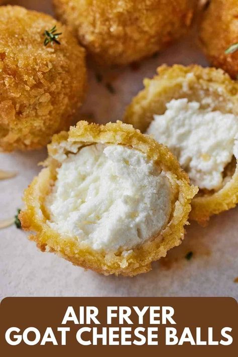 All you need are five simple ingredients, and you can make these Air Fryer Goat Cheese Balls in no time. They are so easy to make and are perfect as a party appetizer or as an addition to any meal. Coated with crispy panko breadcrumbs on the outside, the warm goat cheese on the inside makes for a delicious texture contrast. Air Fryer Goat Cheese, Goat Cheese Ball Recipes, Cheese Air Fryer, Cheese Balls Air Fryer, Air Fryer Goat Cheese Balls, Air Fryer Cheese Balls, Keto Goat Cheese Balls, Goat Cheese Croutons, Breaded Goat Cheese