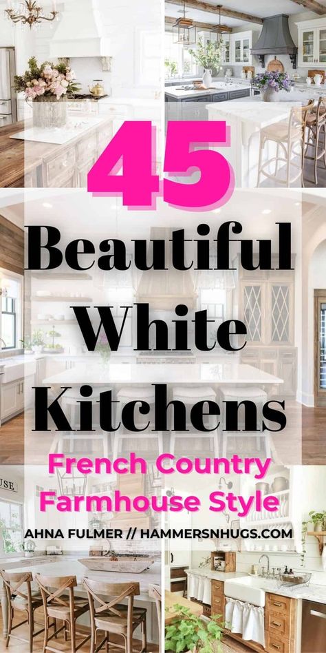 Scroll through this gallery of 45 BEAUTIFUL white cabinet kitchen ideas and start designing your dream kitchen! Tap on this pin to get these ideas and more with Ahna Fulmer // HammersNHugs.com. #whitekitchen #kitchencabinets #kitchendesign White Cabinet Kitchen Ideas, White French Country Kitchen, Cabinet Kitchen Ideas, Diy Basement Decor, White Cabinet Kitchen, French Country House Decor, Laundry Room Decorating, French Country Ideas, Beautiful White Kitchens