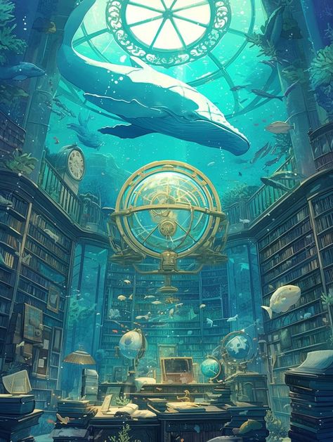 Underwater Library, Atlantis Art, Stream Background, Underwater City, Dreamy Artwork, Fantasy Background, Fantasy Places, Matte Painting, Cool Wallpapers Art