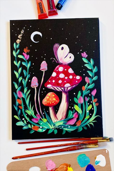 Acrylic Painting Ideas Set Of 3, Cute Mushrooms Painting, Mushroom Scene Painting, Mushroom Art Canvas, Magical Paintings Easy, Paintings Ideas For Mom, Abstract Mushroom Painting, Paint Sip Ideas, Posca Mushroom