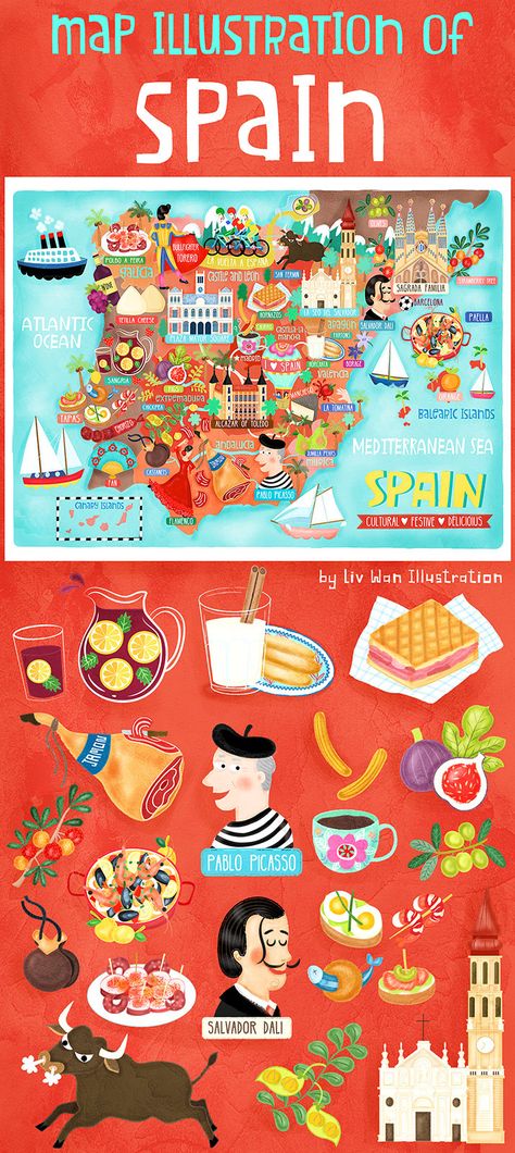 Map Illust, Spain Series, Spain Illustration, Spain Map Illustration, Free Printable World Map, Cadaques Spain, Barcelona Map Illustration, Spain Postcard, Spain Vintage Poster