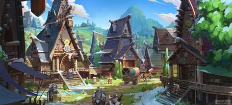 Viking village (維京人的村莊), Sheep Lin on ArtStation at https://www.artstation.com/artwork/ELL0l4 Cartoon Houses, Town Drawing, Forest Village, Viking House, Dnd Inspiration, Viking Village, Fantasy Village, Fantasy Town, Dnd Maps