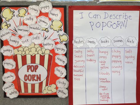 Popcorn Writing  - make popcorn in class - describe popcorn sound, taste, feel, look etc - brainstorm (me write words on paper) - learning about adjectives / wow words - create big popcorn wall with adjectives / wow words - write a story using 1 or more of the words with a picture Popcorn Adjectives Anchor Chart, Popcorn Day At School, Buddy Activities, Descriptive Paragraph, Spring Poetry, Kindergarten Math Addition, Popcorn Words, Year 1 Classroom, Adjectives Activities