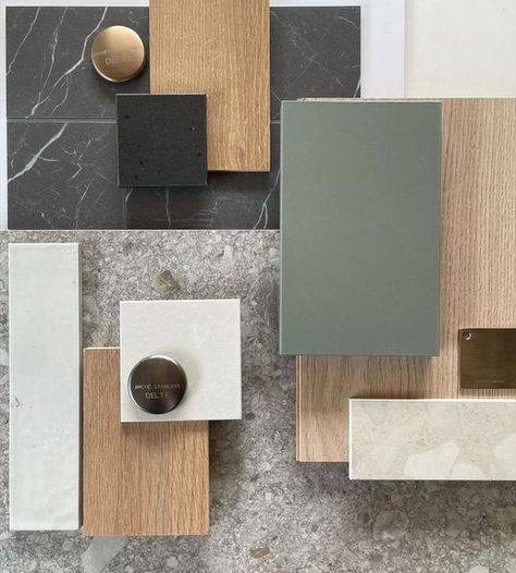 Pewter Green Mood Board, Interior Design Mood Board Color Palettes, Material Mood Board Interior Design, Kitchen Mood Board Colour Palettes, Nordic Color Palette, Home Mood Board, Pearl Interior, Material Color Palette, Color Palette Interior Design