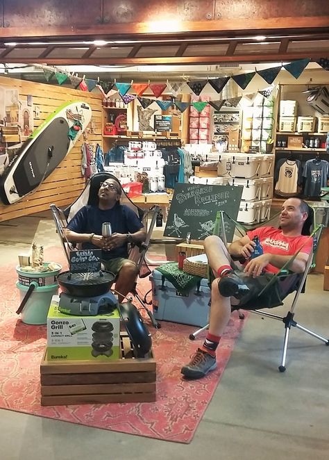 Camping Store Display, Camping Store Design, Fishing Store Design, Camp Store Display Ideas, Outdoor Store Design, Camping Display, Surf Shop Interior, Camp Store, Gear Room