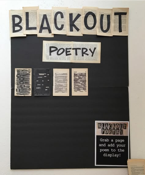 Black Out Poetry, Book Display Ideas, Middle School Library, School Library Displays, Teen Library, School Library Ideas, Library Week, Middle School Libraries, Library Programming