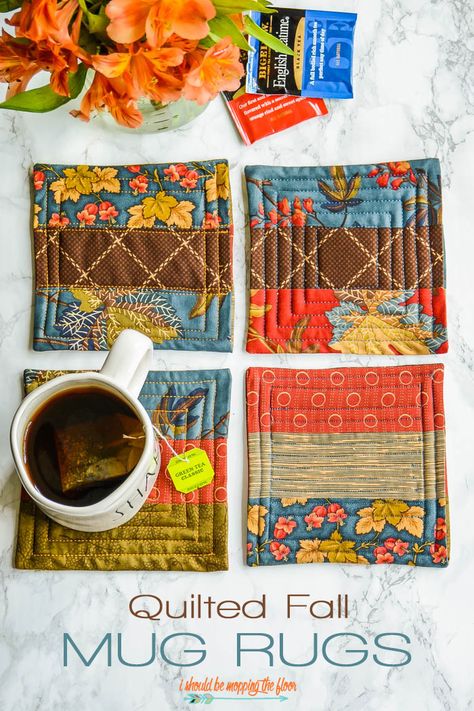 Make these sweet fall Quilted Mug Rugs with this simple, step-by-step, photo tutorial. Diy Throw Blankets, Autumn Sewing, Quilted Mug Rugs, Mopping The Floor, Halloween Sewing Projects, Mug Rug Tutorial, Easy Yarn Crafts, Quilted Coasters, Diy Sewing Gifts