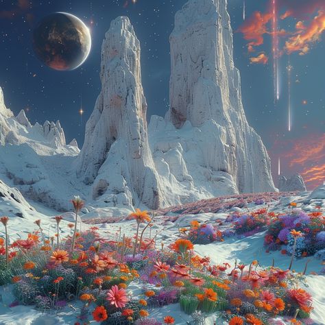 👽️⁠ A surreal landscape of towering white rock formations, covered in snow and surrounded by vibrant flowers on the ground. Above is an alien planet with multiple moons visible in its sky. The scene exudes tranquility and wonder as if it were captured from another world. Hyper realistic in the style of landscape photography --s 750 --v 6.0⁠ ⁠ ⁠ ⁠ #surrealart #landscape #aiimage #aipainting #digitalart #art #aiphoto #artist ⁠ #mountain #sky #scifiartwork #scifi #space #sciencefictionart Earth Like Planet Concept Art, Sci Fi Planet Landscape, Alien Planet Concept Art, Exoplanet Landscape, Landscape From Above, Flowers On The Ground, Surrealist Landscape, Planet Landscape, Makey Makey