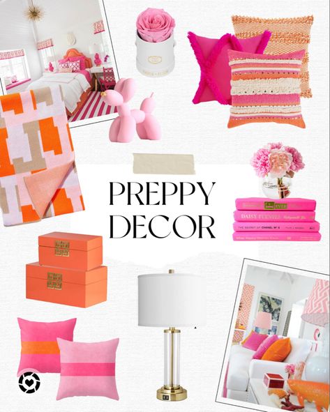 Preppy College Dorm Throw Pillows, Preppy Home Office Decor, Pink And Orange Accent Bedroom, Preppy Room Throw Pillows, Orange Preppy Pillows, Preppy Pillows Color Schemes, Living Room Pink And Orange, Orange Pink Bedroom Ideas, Shelf Decor College