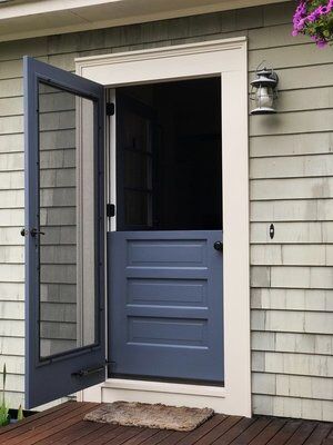 Blue Dutch Door, Dutch Front Door With Screen, Dutch Doors Exterior With Screen, Exterior Door In Bathroom, Exterior Dutch Door With Screen, Durch Doors, Back Doors Exterior, Back Door With Window, Back Door Ideas