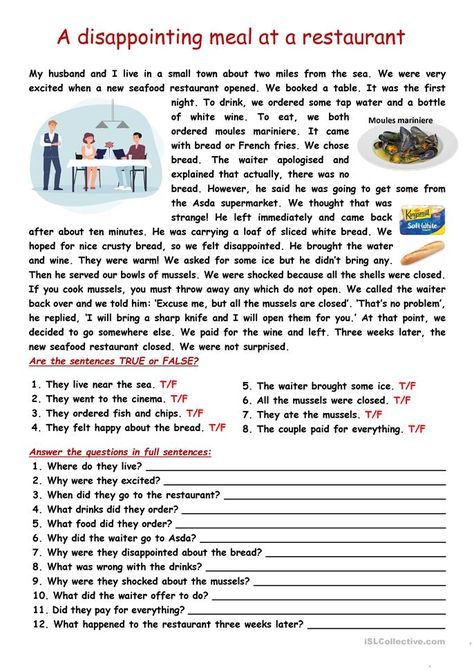 RC: a disappointing meal at a restaurant - English ESL Worksheets for distance learning and physical classrooms Restaurant English, Winter Worksheet, Esl Materials, Reading Comprehension Texts, Read English, Esl Reading, Reading Comprehension Lessons, English Teaching Materials, English Grammar Worksheets