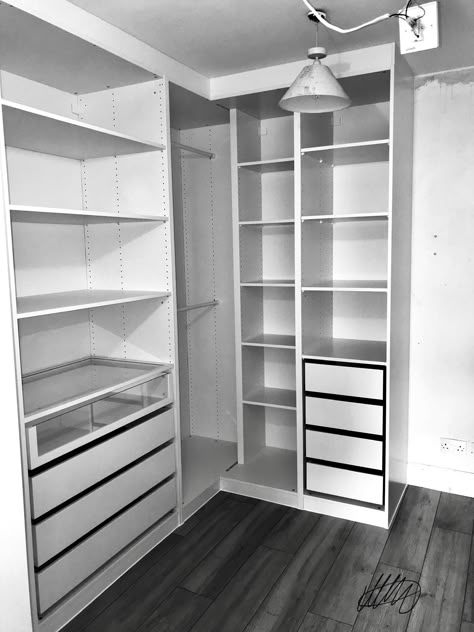 Open Ikea wardrobes used to build  walk in wardrobe L Shaped Wardrobe, Closet Design Plans, Diy Walk In Closet, Closet Redo, Bedroom Ideas For Small Rooms Cozy, Ikea Wardrobe, Closet Design Layout, Study Room Design, Bedroom Cupboard Designs