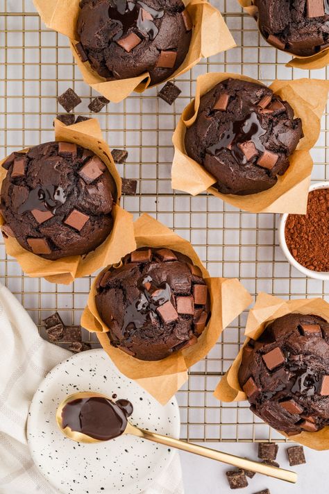 Homemade Chocolate Muffins, Triple Chocolate Muffins, Chocolate Muffin Recipe, Jumbo Muffins, Double Chocolate Muffins, Milk Chocolate Ganache, Giant Chocolate, Beautiful Cupcakes, Ice Cream Toppings