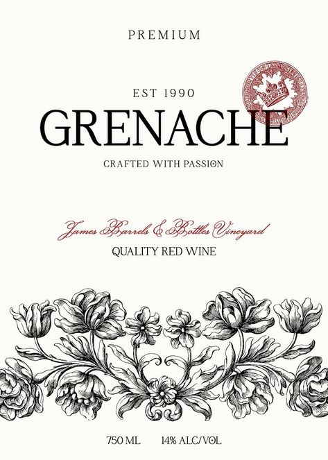 Red Wine Label, Grenache Wine, Wine Label Template, Flowers Sketch, Awesome Designs, Flower Vintage, Best Stocks, Aesthetic Things, Label Templates