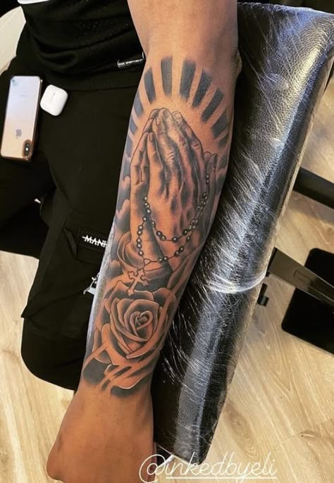 Tattoos For Outer Forearm, Praying Hands Tattoo For Men Forearm, Forarm Tattoos Mens Meaningful, Half Sleeve Tattoo For Men Forearm, Hard Tattoos Men Forearm, Men’s Tats, God Forearm Tattoo Men, Under Arm Tattoo Men, Black Male Tattoos Arm