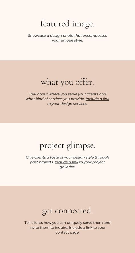 Most designers have a link to the homepage of their website on their Instagram bio, Facebook page, email signature and more! Since your homepage is typically the first page that website visitors see, it's important to answer some of the most common client questions for them right then and there. These questions include: Who do you serve? Where geographically do you serve? What kind of services do you offer? Why should a client work with you? Interior Design Bio Instagram, Bio Facebook, Website Tips, Homepage Layout, Business Pages, Instagram Bio, First Page, Business Ideas, Interior Designer