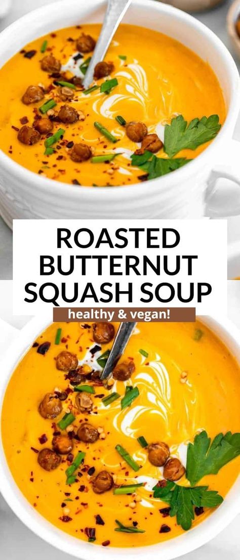 This vegan roasted butternut squash soup is easy to make, healthy and perfect for a fall dinner. This vegan soup is ready in less than 45 minutes and is freezer friendly and perfect for meal prep. Vegan Butternut Squash Soup Recipes, Vegan Roasted Butternut Squash, Chickpea Croutons, Soup For Fall, Crispy Chickpea, Vegan Butternut Squash Soup, Quick Vegetarian Dinner, Butternut Squash Recipe, Vegan Butternut Squash