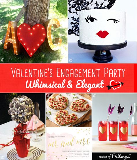 Whimsical Valentine's Engagement Party with a Wink Cake, Cupid's Arrow Cocktails, Topiary Centerpieces, Heart Pizzas, and Blush and Gold Invites. Valentines Engagement Party Ideas, Engagement Party Valentine Theme, Valentines Day Engagement Party, Valentine Engagement Party, Unique Engagement Party Ideas, Spring Bridal Showers, Valentines Engagement Party, Heart Pizzas, Engagement Party Theme