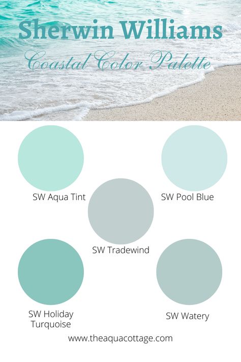 15 Coastal Aqua Blue & Green Paint Colors You'll Love - The Aqua Cottage Ocean Bathroom Paint Colors, Key West Blue Paint, Coastal Blue Green Paint Colors, Muted Aqua Paint Colors, Beachy Color Palette Coastal Style, Underseas Paint Color, Sherwin Williams Aqua Colors, Mint Green House Exterior Color Schemes, Beachy Blue Paint Colors